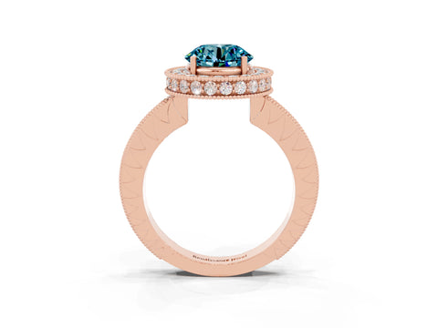 Rose gold Round Cut Halo Diamond Engagement Ring with Milgrain Pave Band and Four-Prong Setting_3