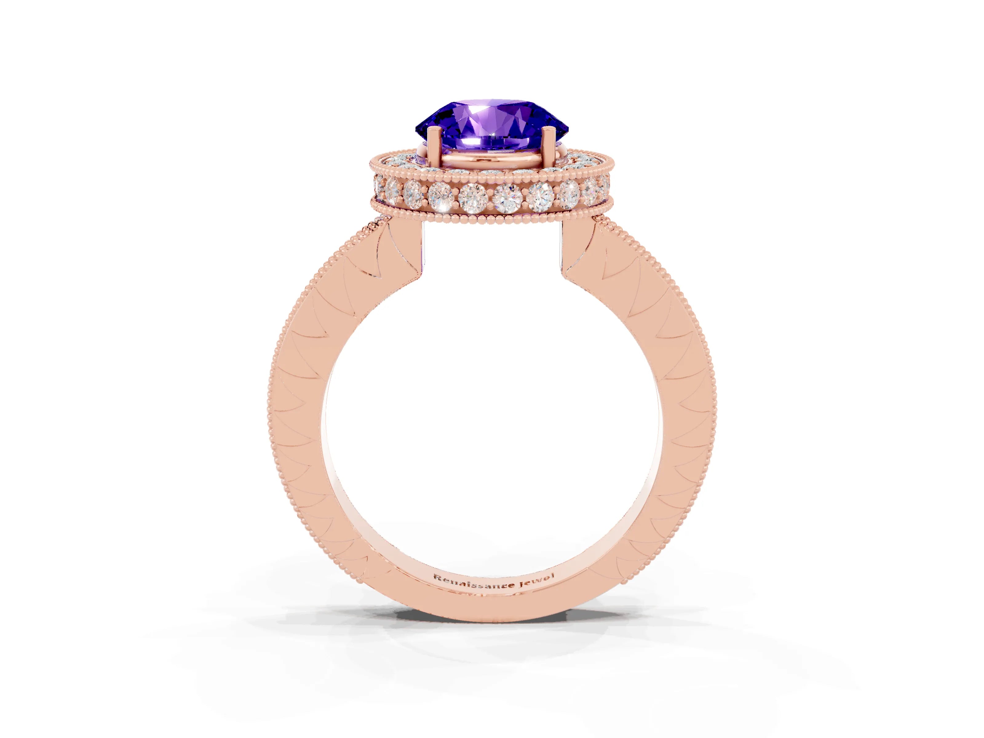 Rose gold Round Cut Halo Diamond Engagement Ring with Milgrain Pave Band and Four-Prong Setting_3