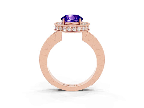 Rose gold Round Cut Halo Diamond Engagement Ring with Milgrain Pave Band and Four-Prong Setting_3