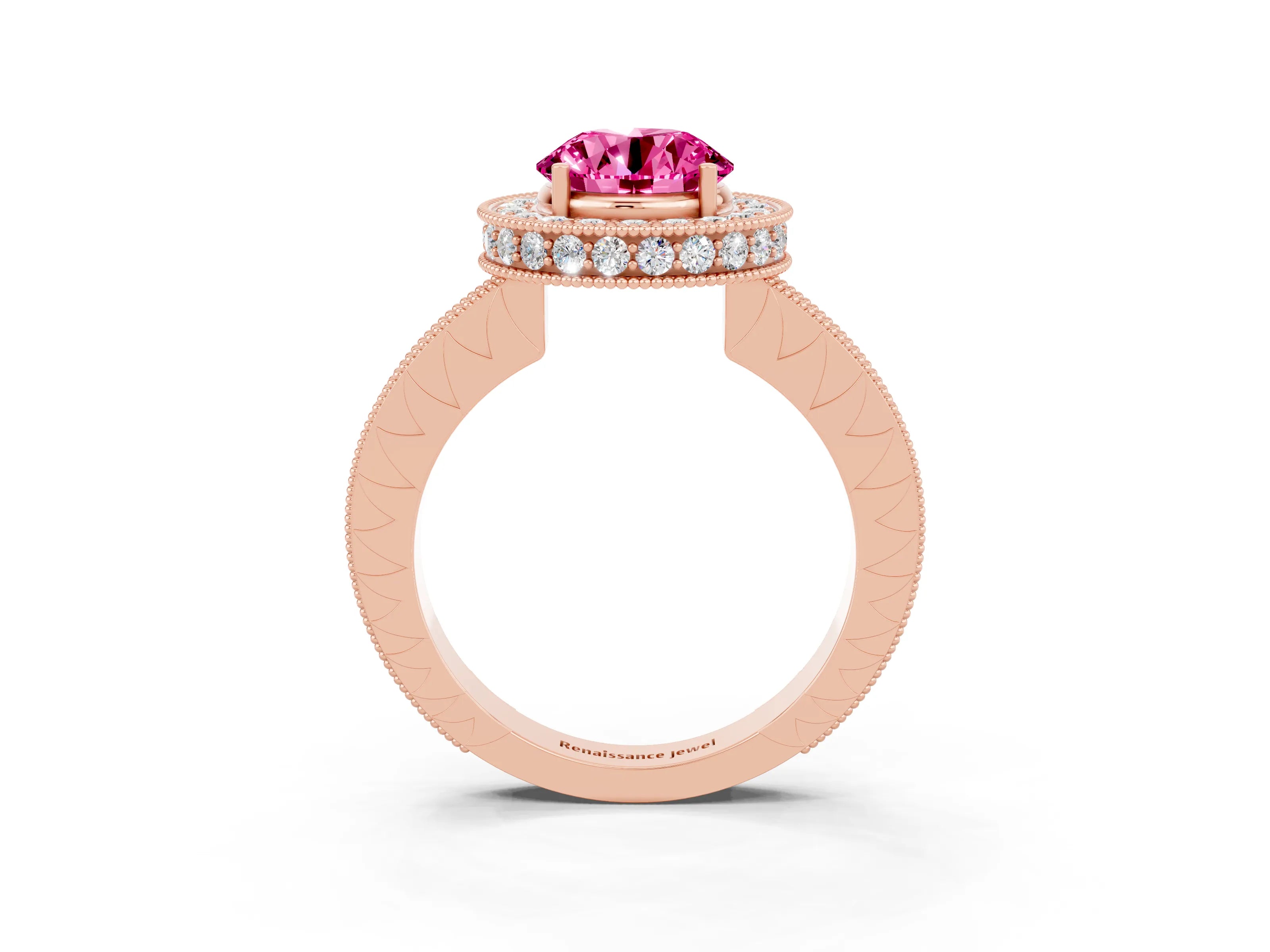 Rose gold Round Cut Halo Diamond Engagement Ring with Milgrain Pave Band and Four-Prong Setting_3