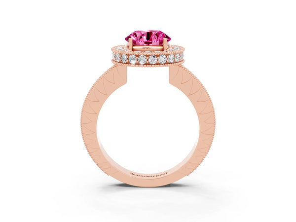 Rose gold Round Cut Halo Diamond Engagement Ring with Milgrain Pave Band and Four-Prong Setting