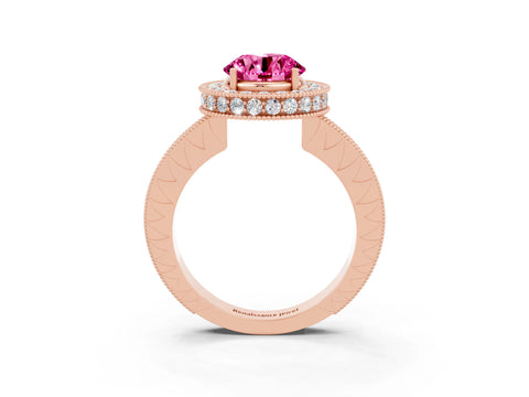Rose gold Round Cut Halo Diamond Engagement Ring with Milgrain Pave Band and Four-Prong Setting_3