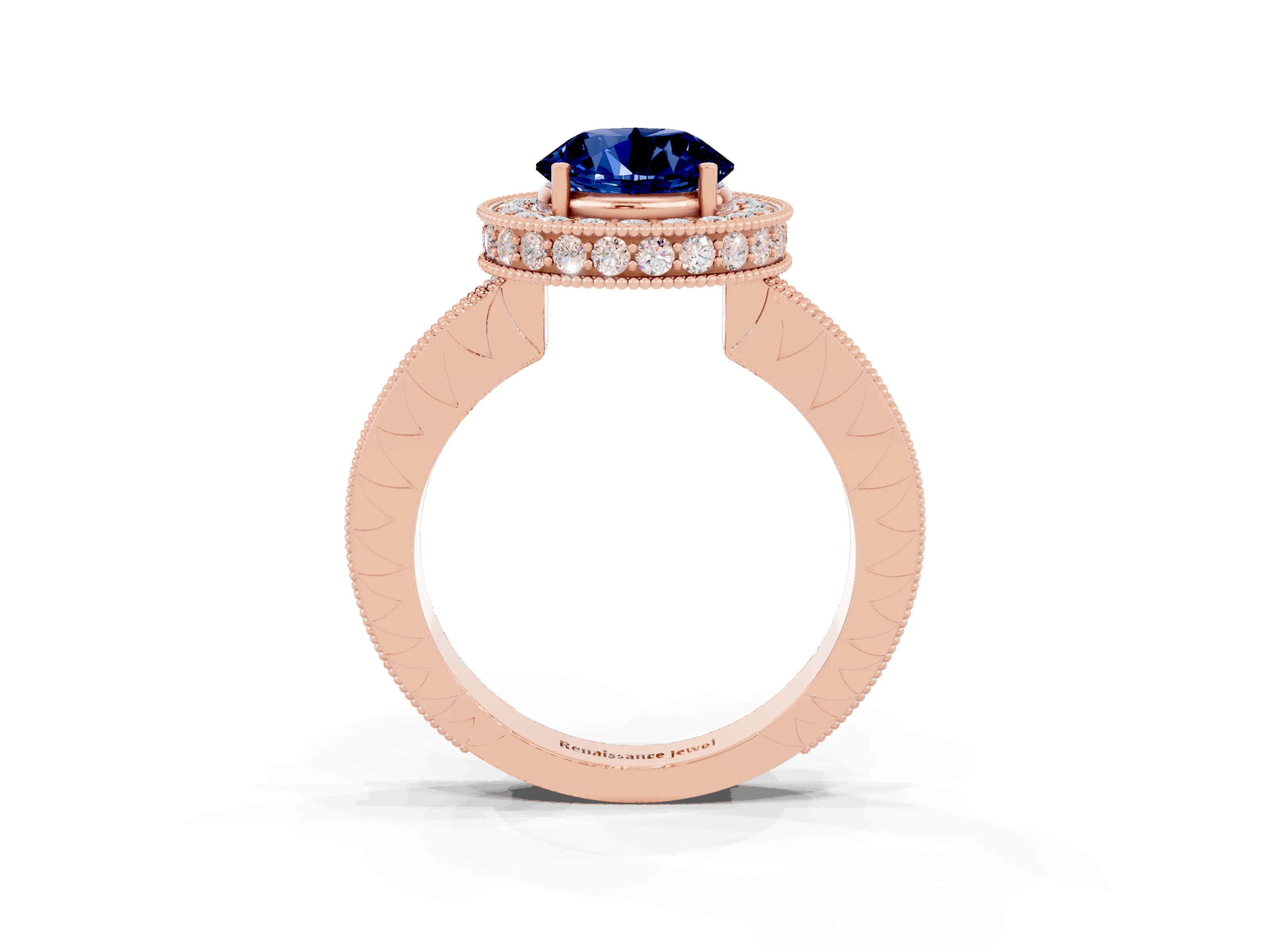 Rose gold Round Cut Halo Diamond Engagement Ring with Milgrain Pave Band and Four-Prong Setting_3