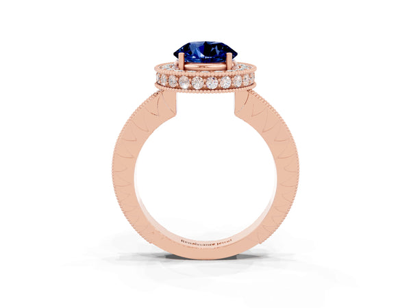 Rose gold Round Cut Halo Diamond Engagement Ring with Milgrain Pave Band and Four-Prong Setting