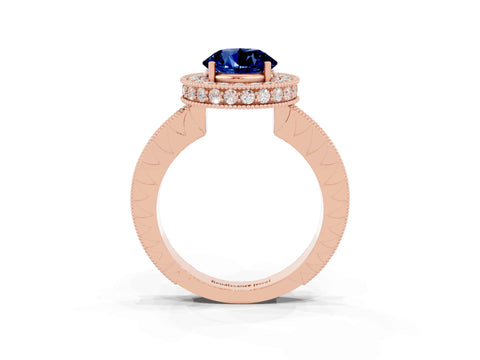 Rose gold Round Cut Halo Diamond Engagement Ring with Milgrain Pave Band and Four-Prong Setting_3