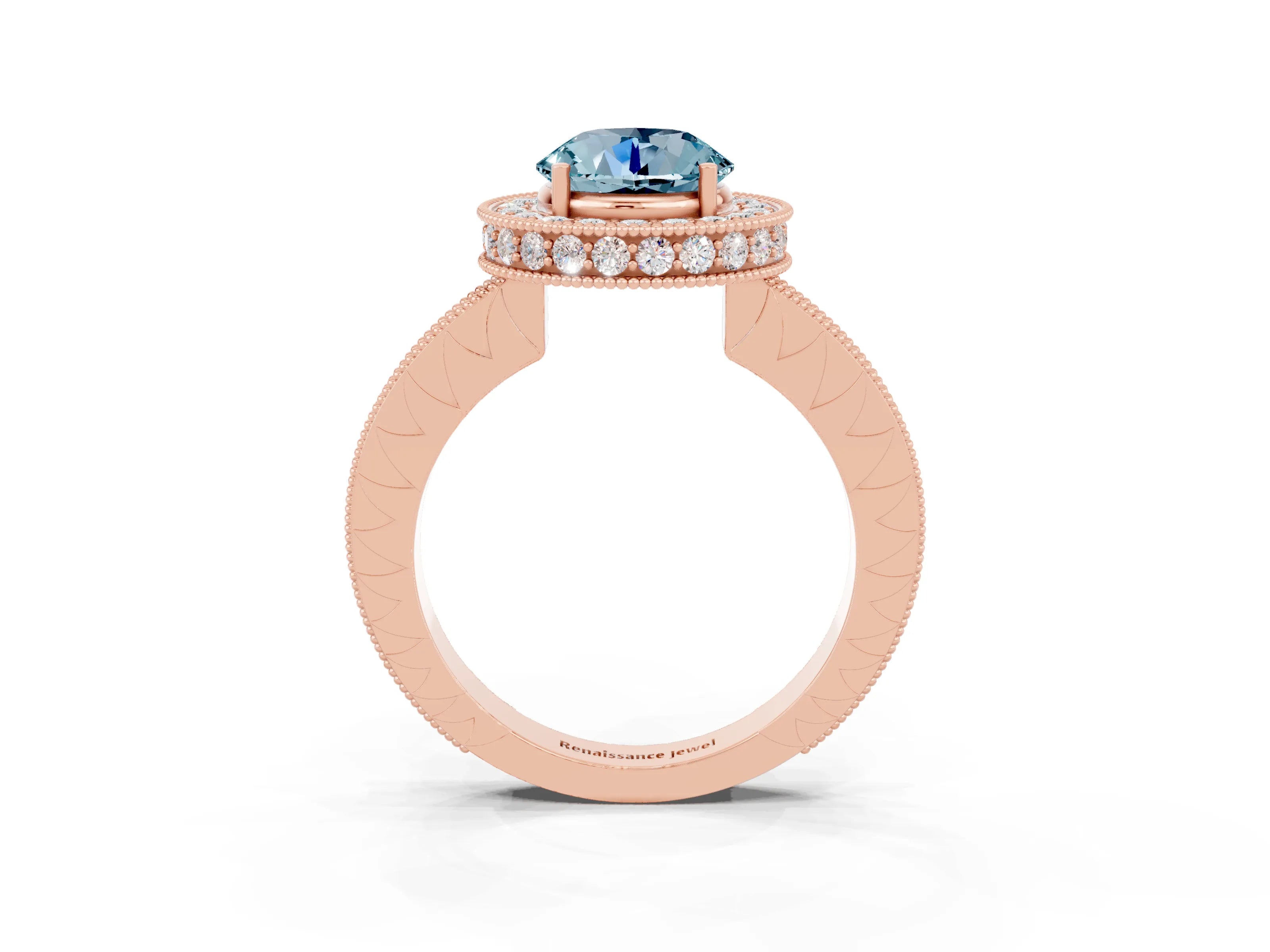 Rose gold Round Cut Halo Diamond Engagement Ring with Milgrain Pave Band and Four-Prong Setting_3