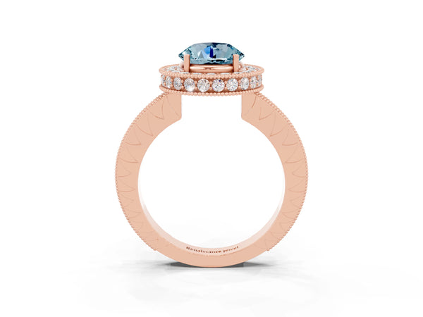 Rose gold Round Cut Halo Diamond Engagement Ring with Milgrain Pave Band and Four-Prong Setting