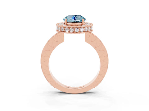 Rose gold Round Cut Halo Diamond Engagement Ring with Milgrain Pave Band and Four-Prong Setting_3