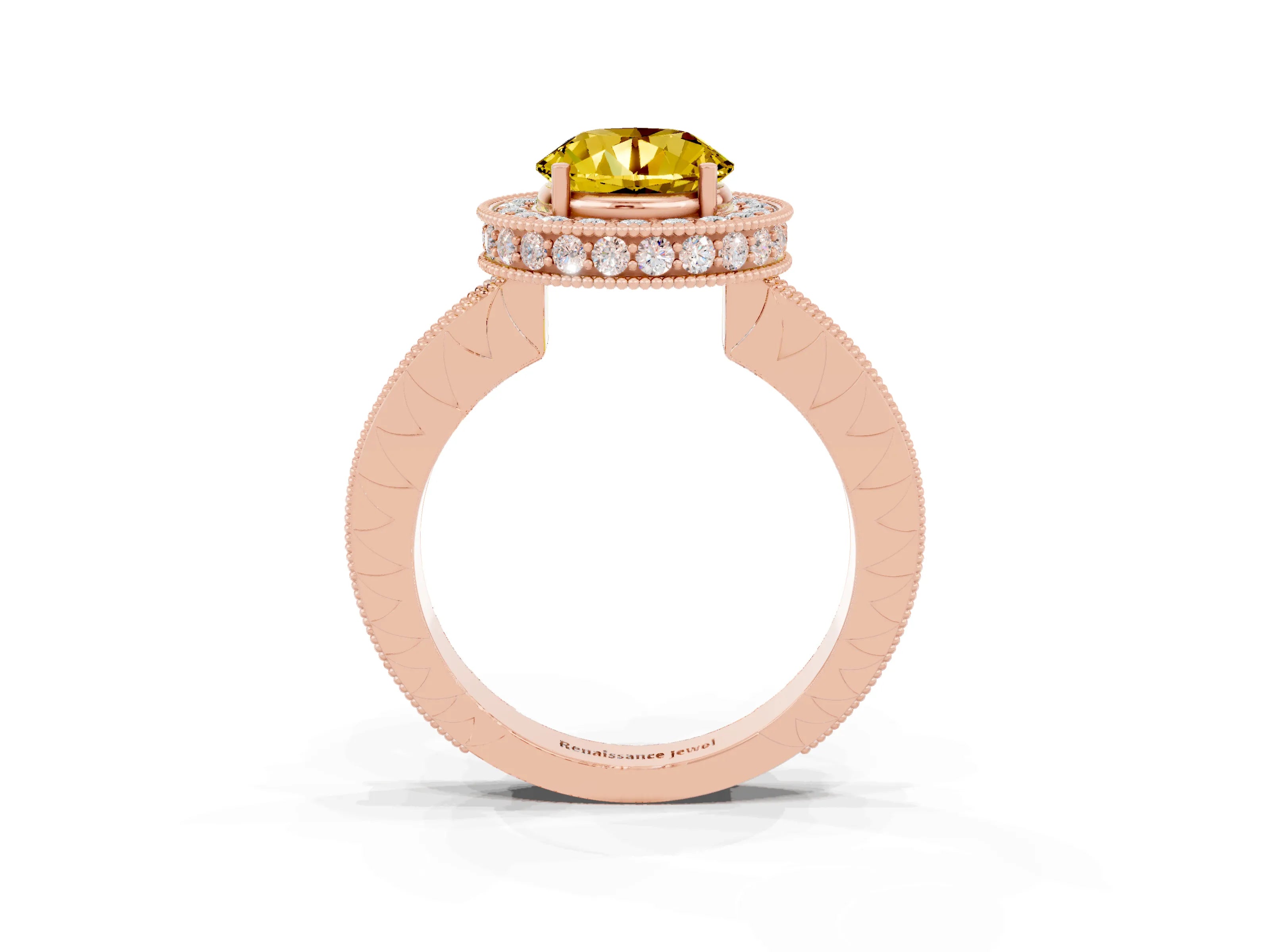 Rose gold Round Cut Halo Diamond Engagement Ring with Milgrain Pave Band and Four-Prong Setting_3