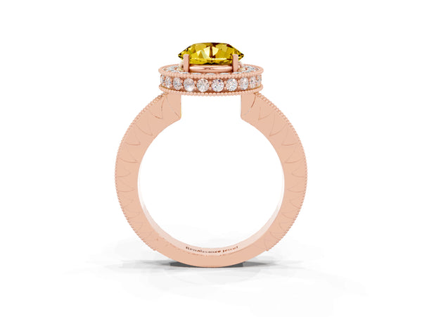 Rose gold Round Cut Halo Diamond Engagement Ring with Milgrain Pave Band and Four-Prong Setting