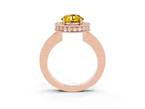 Rose gold Round Cut Halo Diamond Engagement Ring with Milgrain Pave Band and Four-Prong Setting_3