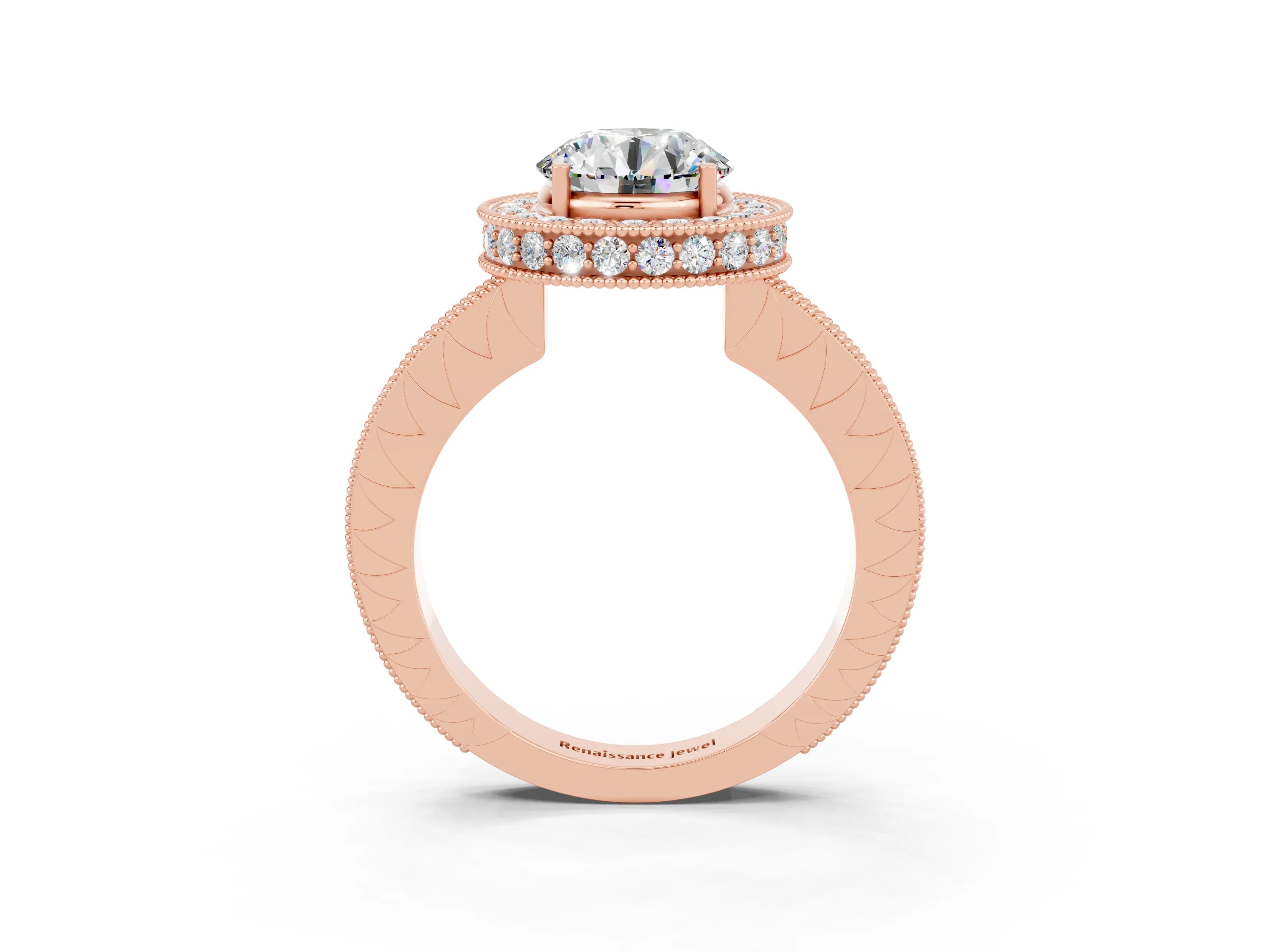 Rose gold Round Cut Halo Diamond Engagement Ring with Milgrain Pave Band and Four-Prong Setting_3