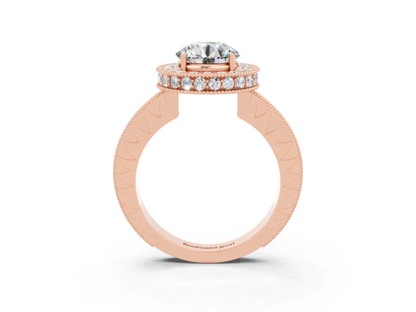 Rose gold Round Cut Halo Diamond Engagement Ring with Milgrain Pave Band and Four-Prong Setting