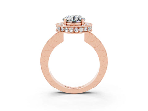 Rose gold Round Cut Halo Diamond Engagement Ring with Milgrain Pave Band and Four-Prong Setting_3
