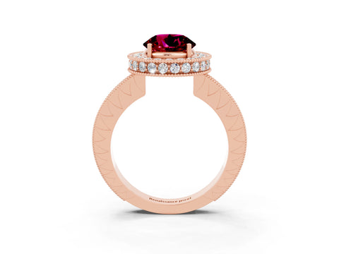 Rose gold Round Cut Halo Diamond Engagement Ring with Milgrain Pave Band and Four-Prong Setting_3