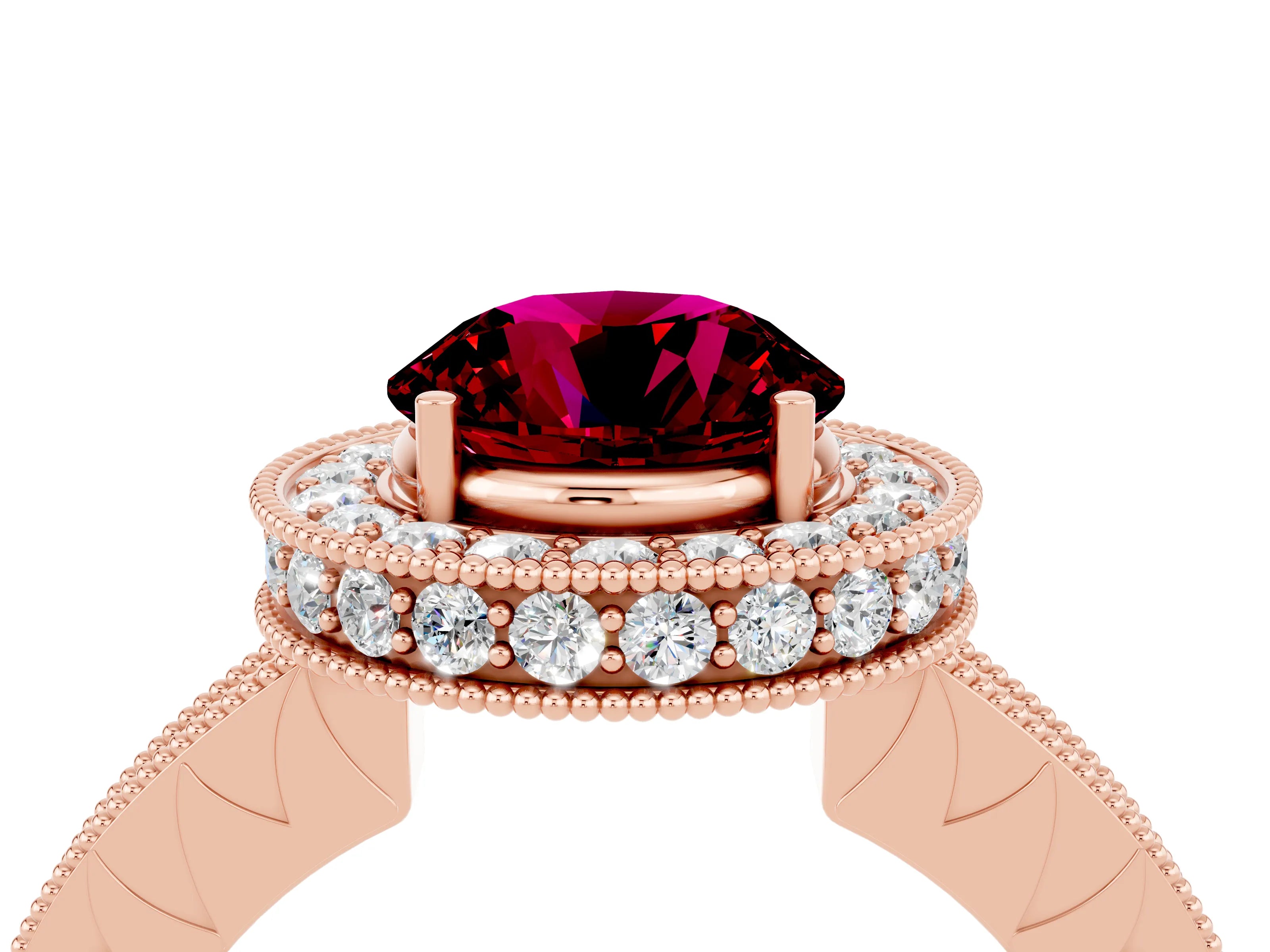 Rose gold Round Cut Halo Diamond Engagement Ring with Milgrain Pave Band and Four-Prong Setting_4