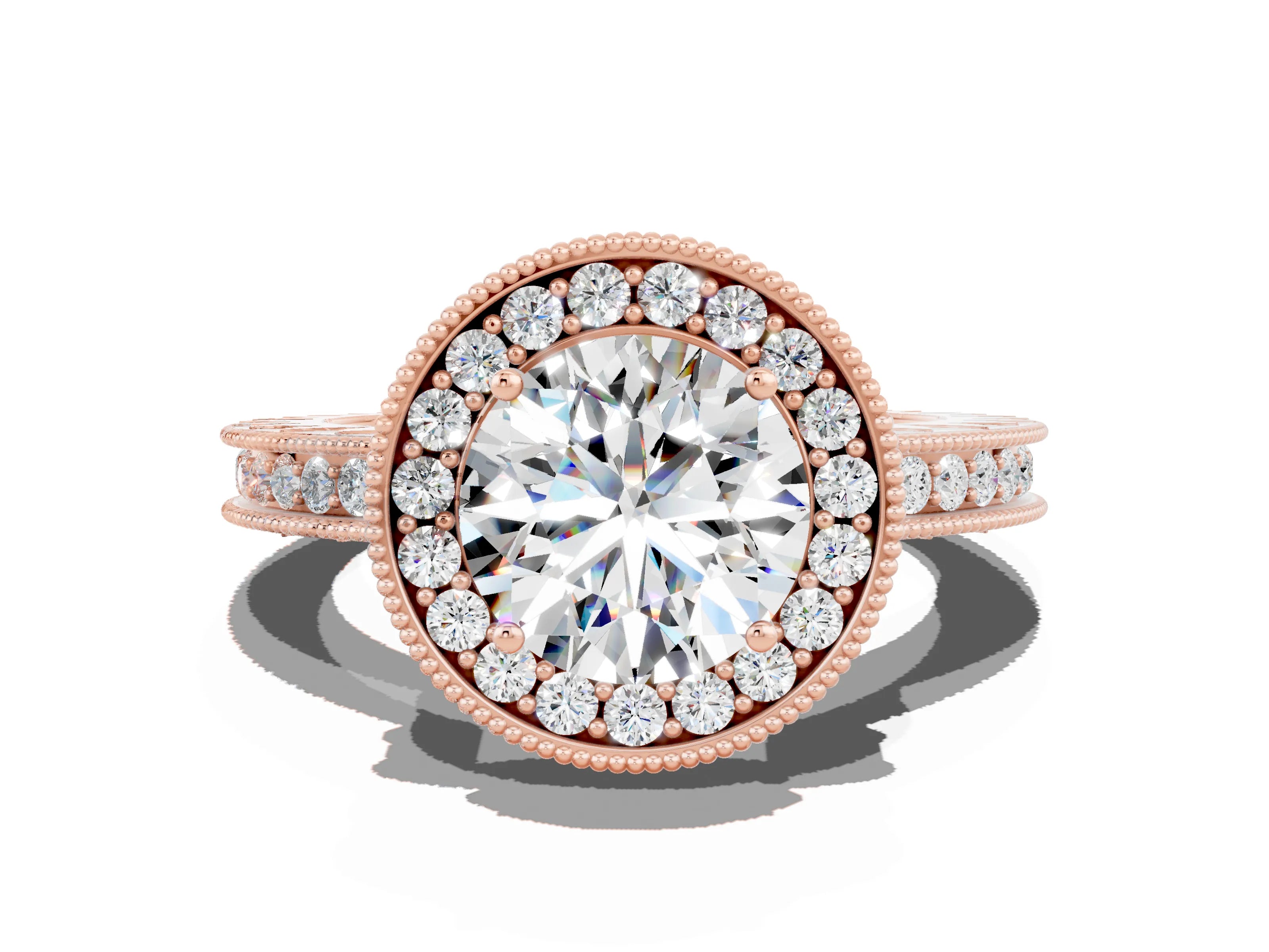 Rose gold Round Cut Halo Diamond Engagement Ring with Milgrain Pave Band and Four-Prong Setting