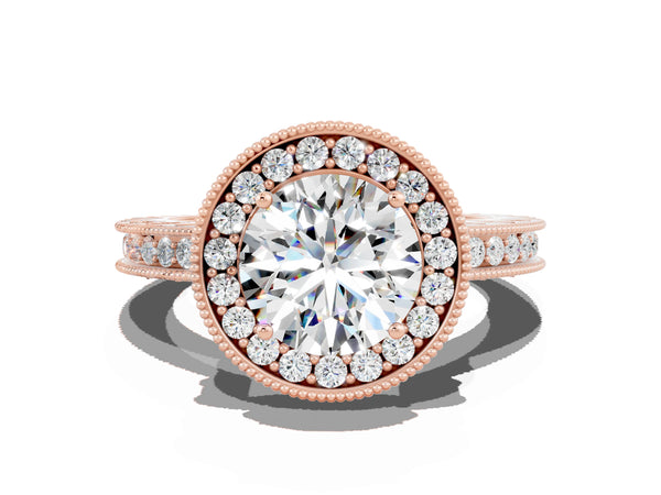 Rose gold Round Cut Halo Diamond Engagement Ring with Milgrain Pave Band and Four-Prong Setting