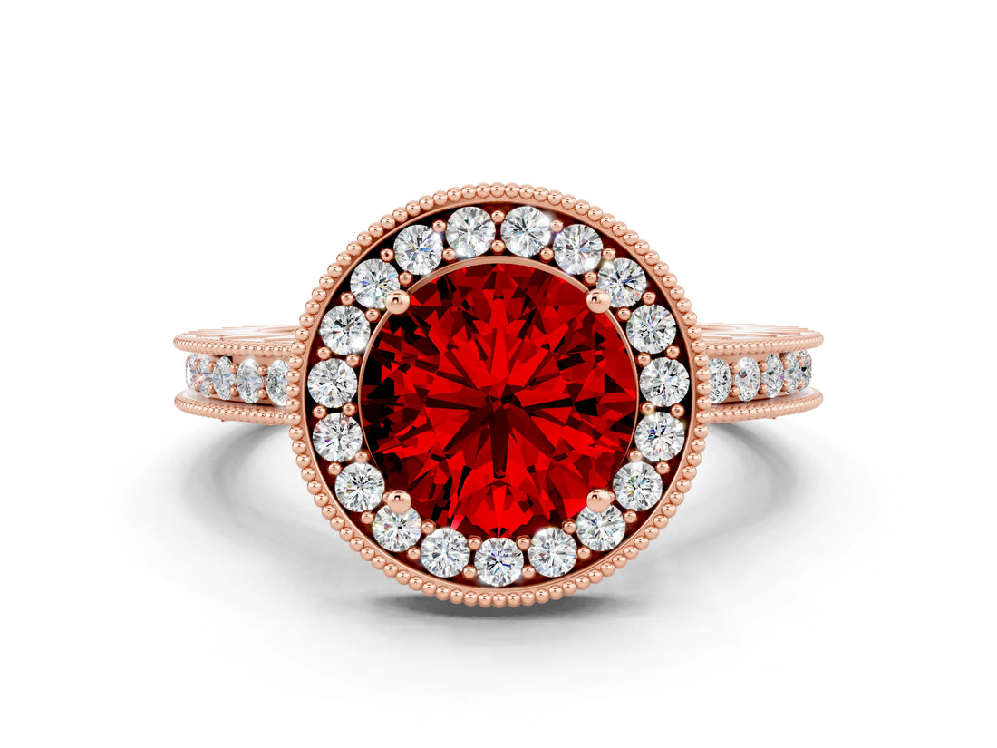 Rose gold Round Cut Halo Diamond Engagement Ring with Milgrain Pave Band and Four-Prong Setting