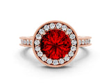 Rose gold Round Cut Halo Diamond Engagement Ring with Milgrain Pave Band and Four-Prong Setting