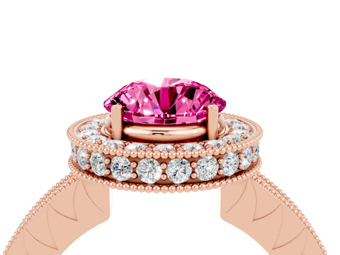 Rose gold Round Cut Halo Diamond Engagement Ring with Milgrain Pave Band and Four-Prong Setting_4