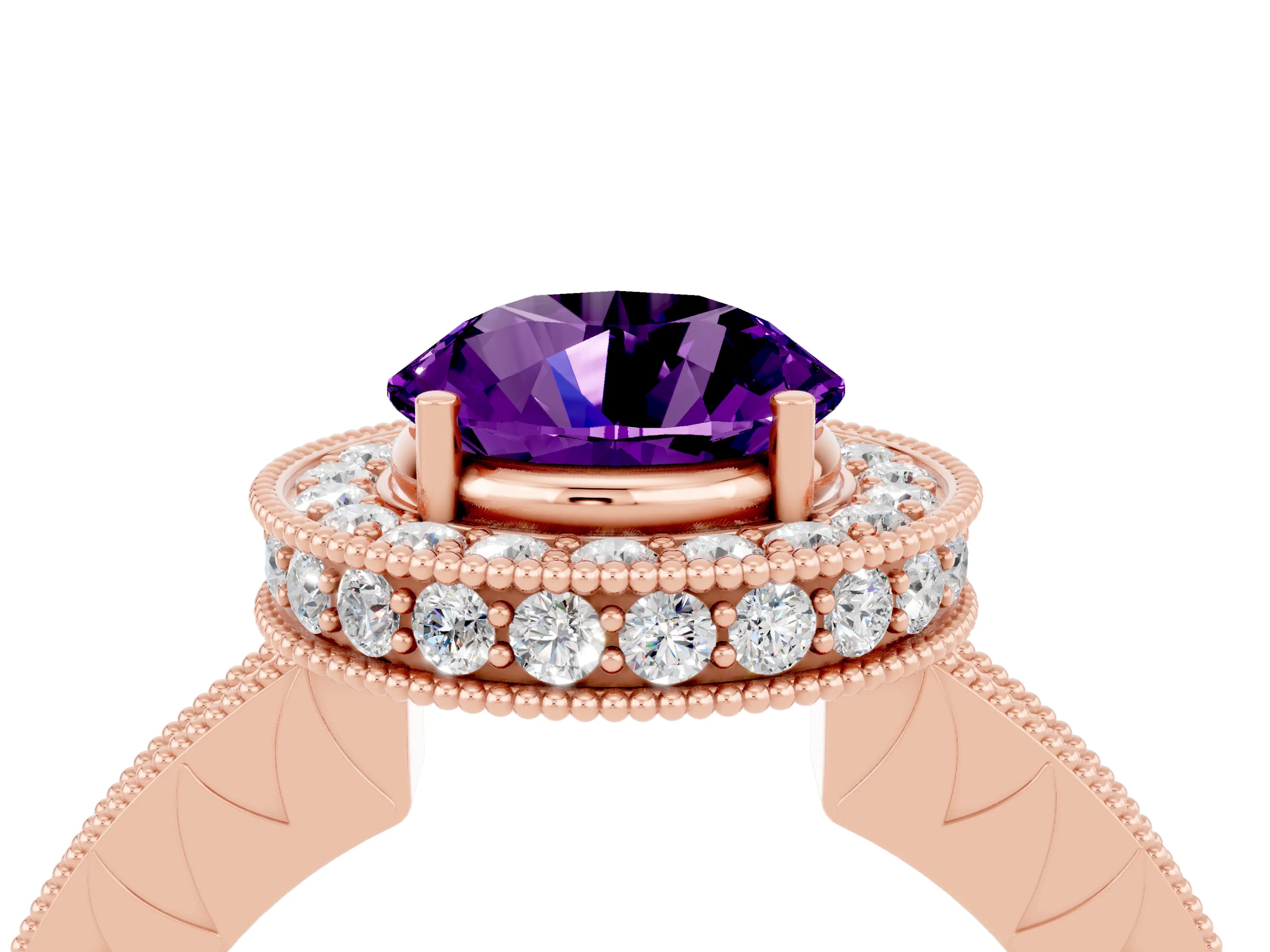 Rose gold Round Cut Halo Diamond Engagement Ring with Milgrain Pave Band and Four-Prong Setting_4
