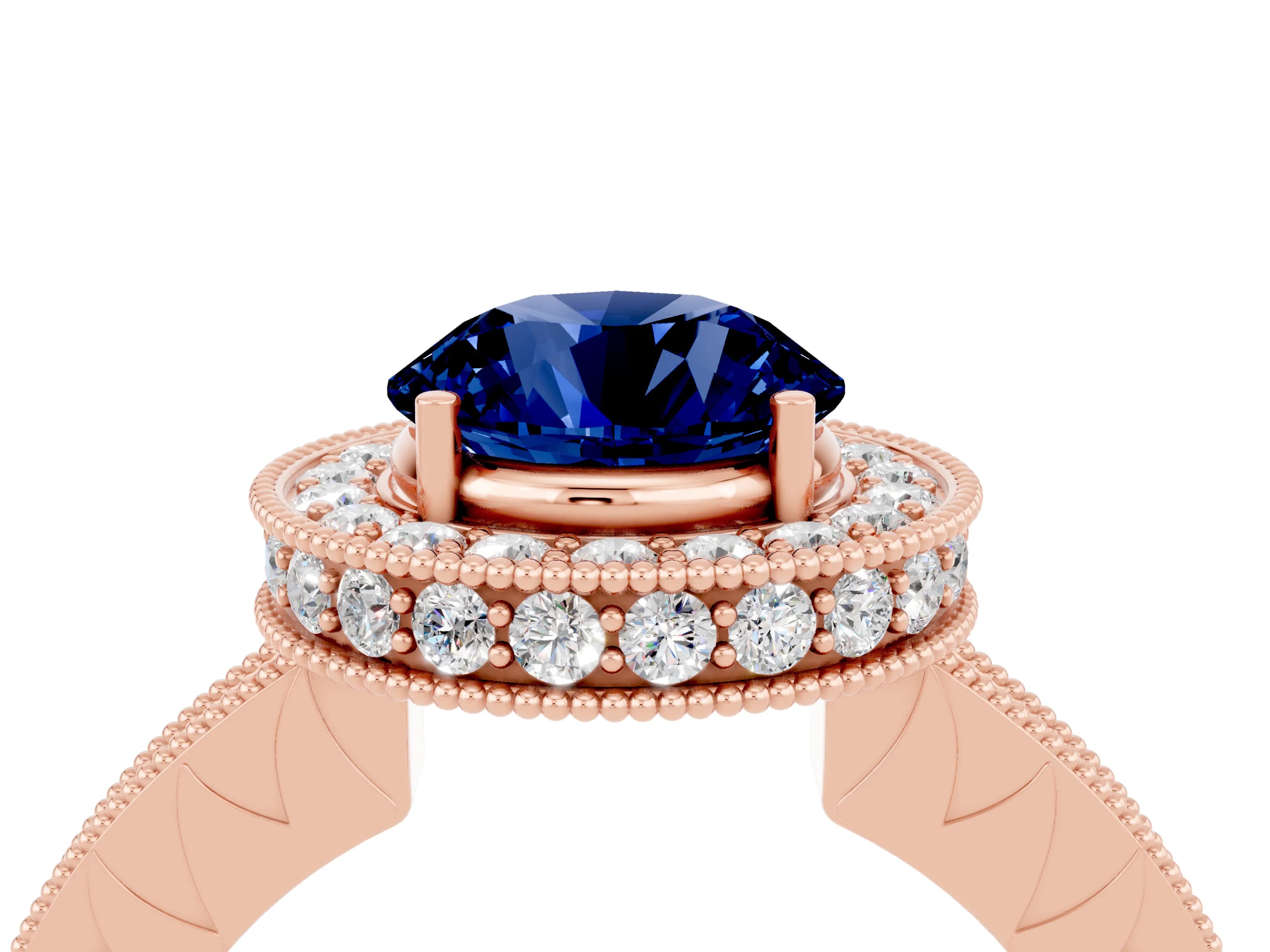 Rose gold Round Cut Halo Diamond Engagement Ring with Milgrain Pave Band and Four-Prong Setting_4
