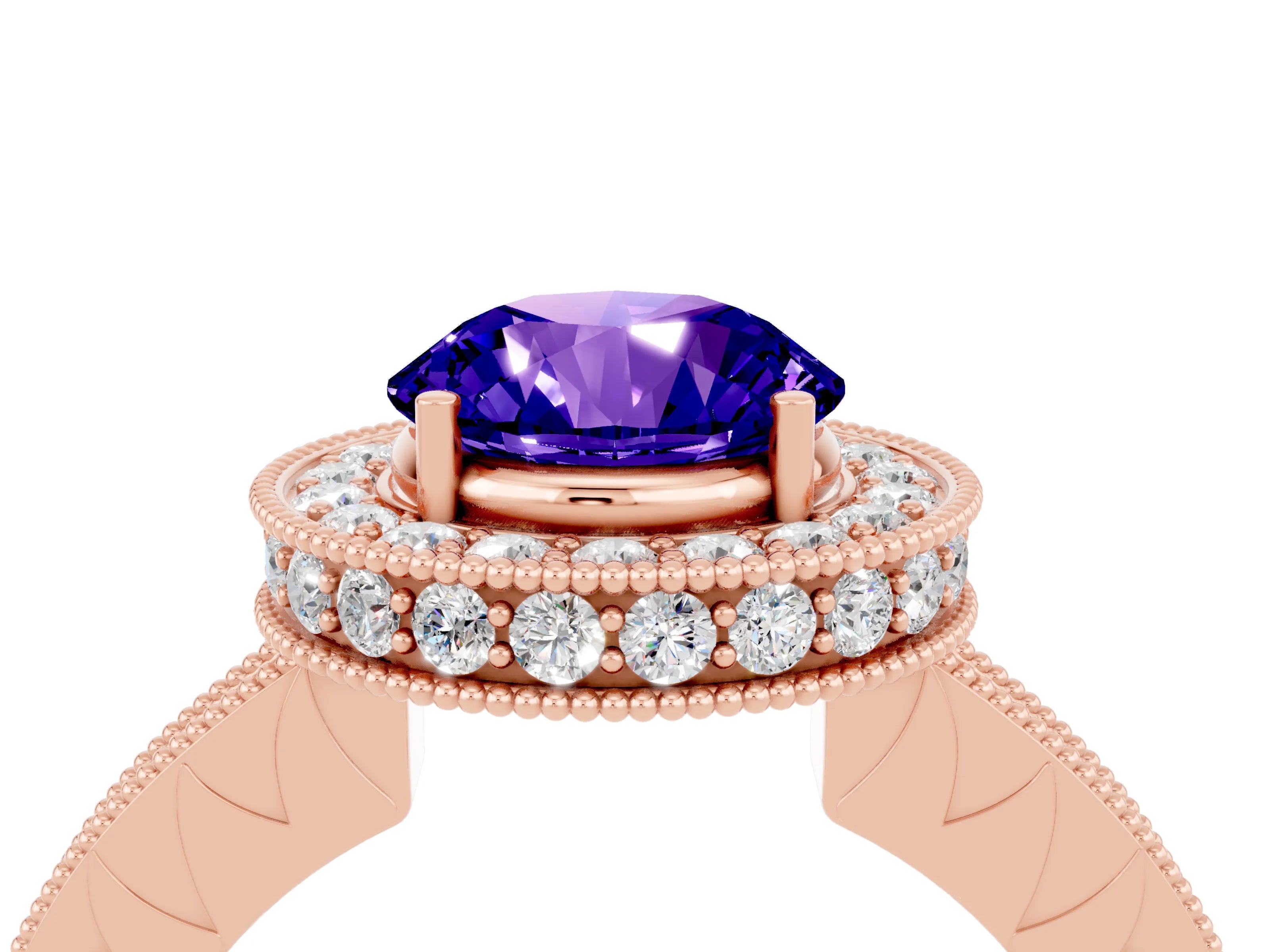 Rose gold Round Cut Halo Diamond Engagement Ring with Milgrain Pave Band and Four-Prong Setting_4