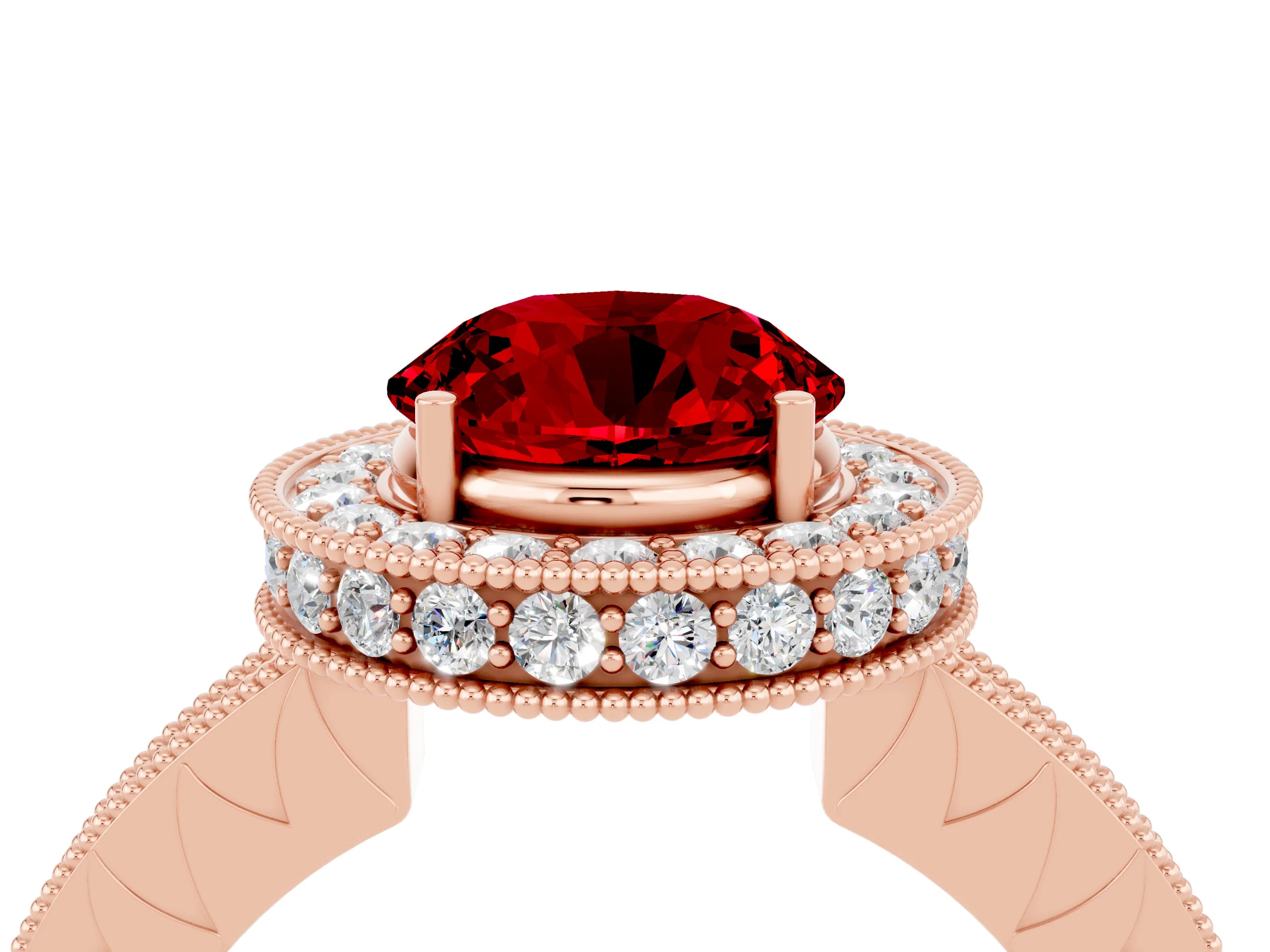 Rose gold Round Cut Halo Diamond Engagement Ring with Milgrain Pave Band and Four-Prong Setting_4