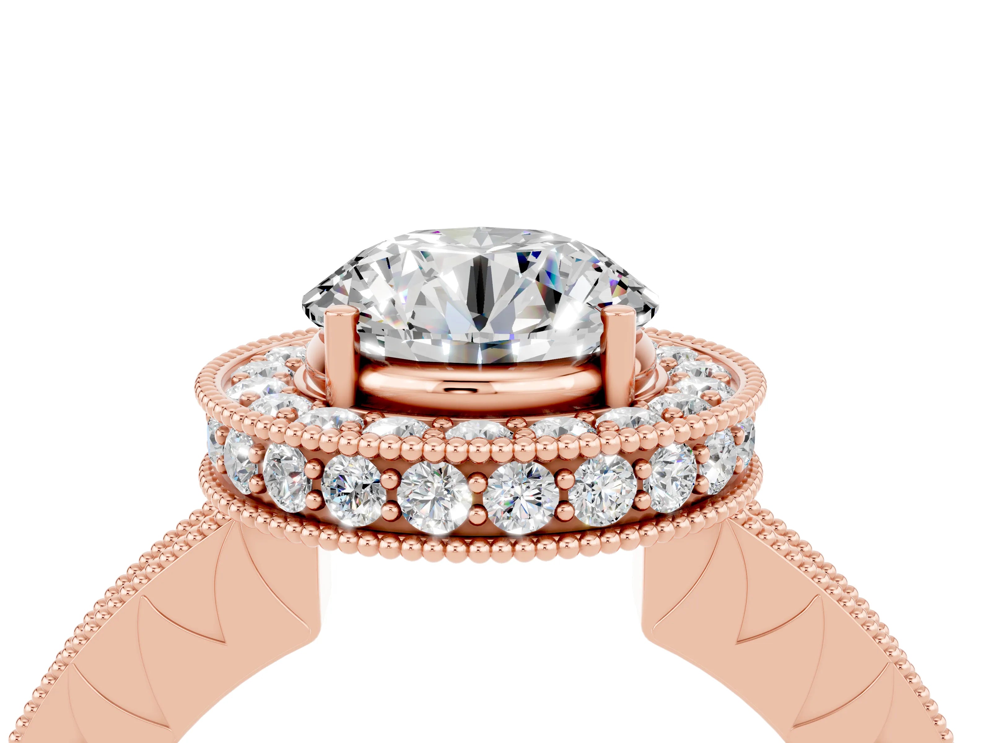 Rose gold Round Cut Halo Diamond Engagement Ring with Milgrain Pave Band and Four-Prong Setting_4
