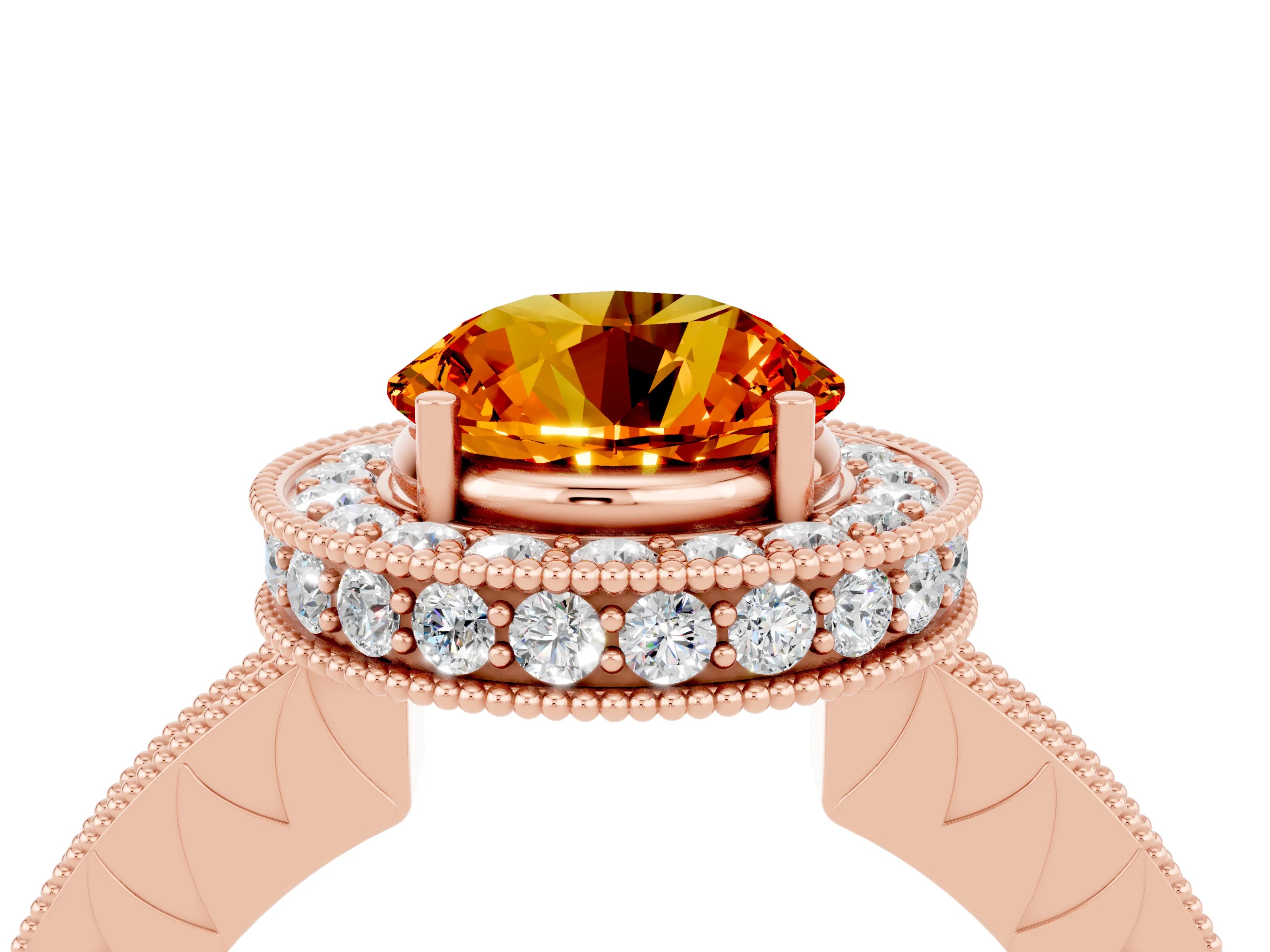 Rose gold Round Cut Halo Diamond Engagement Ring with Milgrain Pave Band and Four-Prong Setting_4