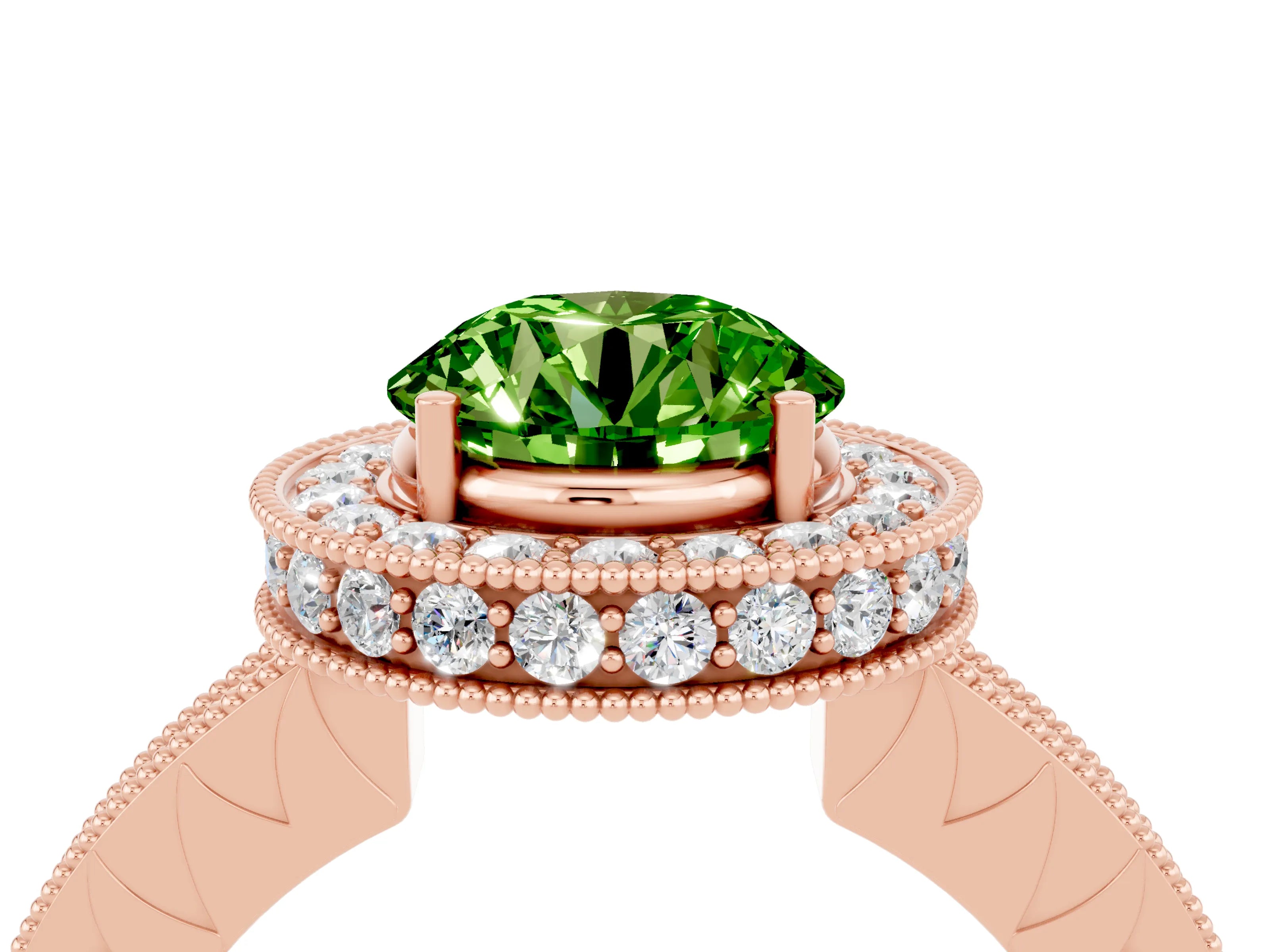 Rose gold Round Cut Halo Diamond Engagement Ring with Milgrain Pave Band and Four-Prong Setting_4