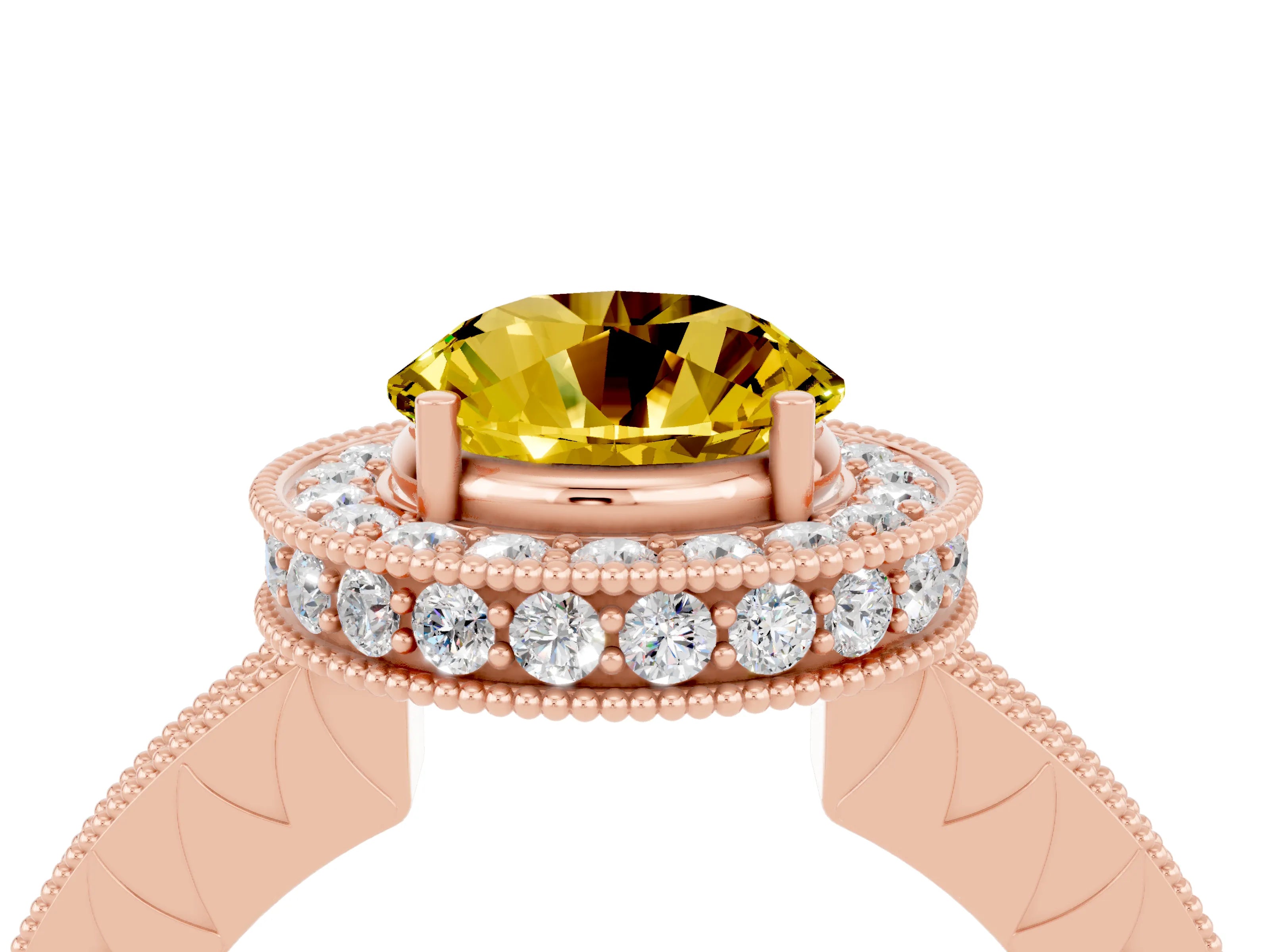 Rose gold Round Cut Halo Diamond Engagement Ring with Milgrain Pave Band and Four-Prong Setting_4
