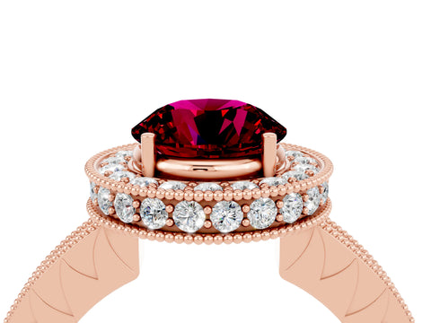 Rose gold Round Cut Halo Diamond Engagement Ring with Milgrain Pave Band and Four-Prong Setting_4
