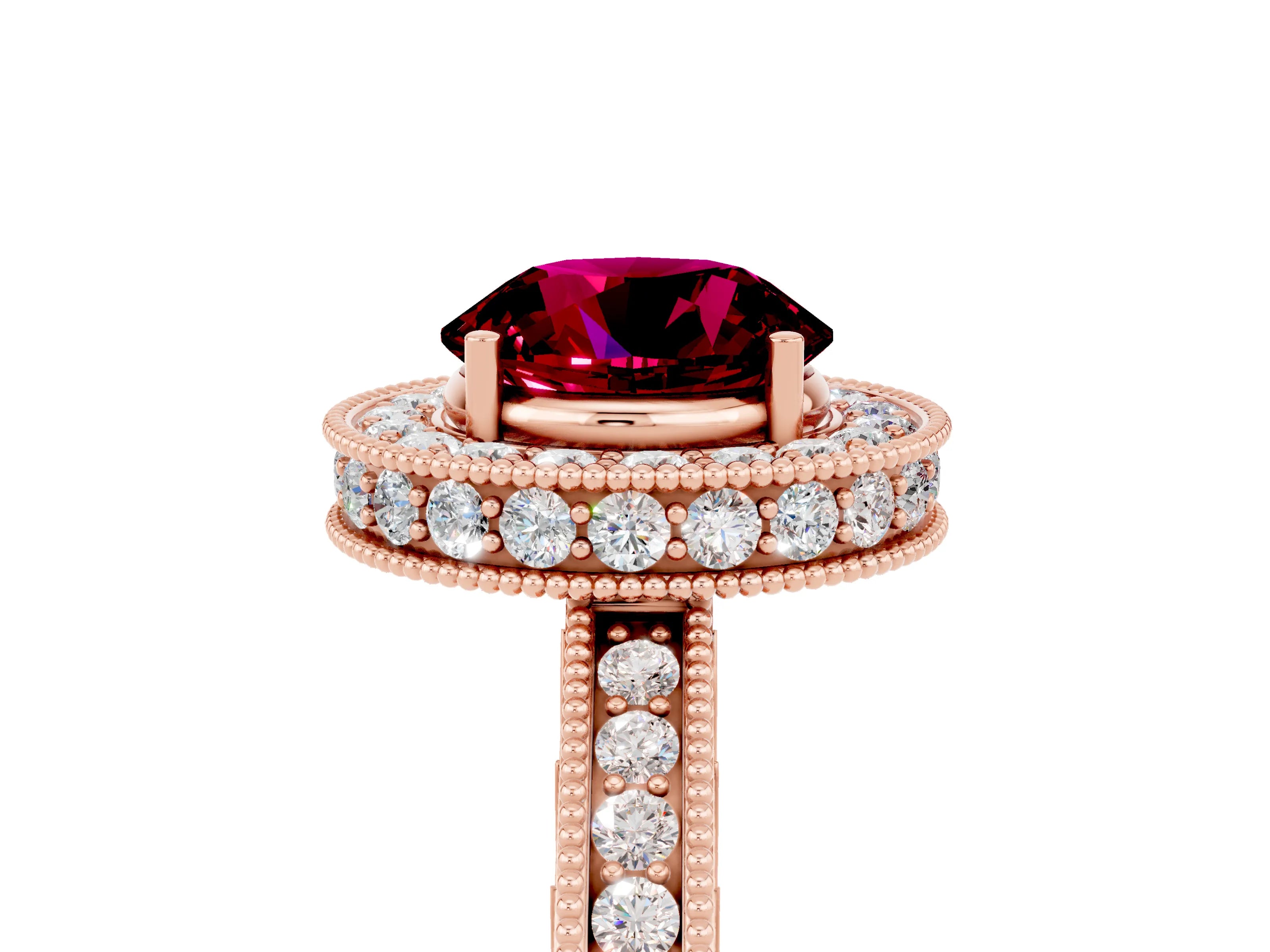 Rose gold Round Cut Halo Diamond Engagement Ring with Milgrain Pave Band and Four-Prong Setting_5