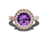 Rose gold Round Cut Halo Diamond Engagement Ring with Milgrain Pave Band and Four-Prong Setting