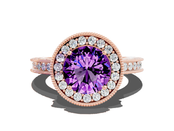 Rose gold Round Cut Amethyst Milgrain Halo Engagement Ring with Round Pavé Band and Prong Setting