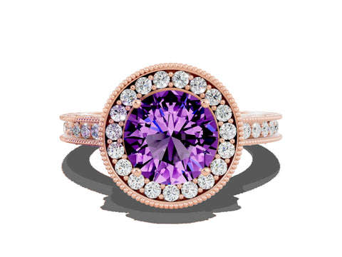 Rose gold Round Cut Halo Diamond Engagement Ring with Milgrain Pave Band and Four-Prong Setting