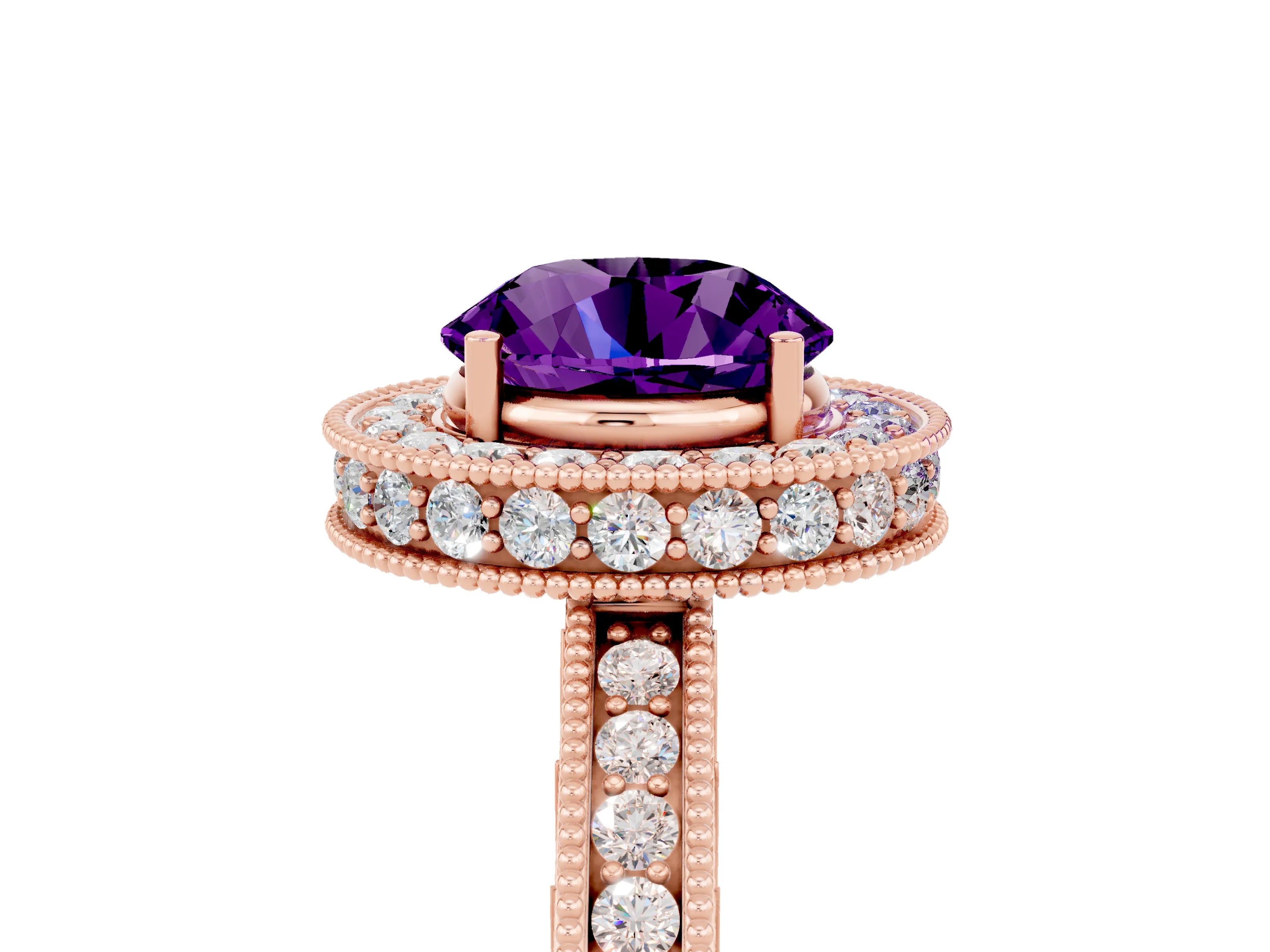 Rose gold Round Cut Halo Diamond Engagement Ring with Milgrain Pave Band and Four-Prong Setting_5