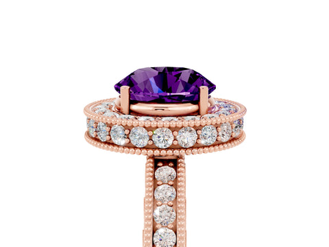 Rose gold Round Cut Halo Diamond Engagement Ring with Milgrain Pave Band and Four-Prong Setting_5
