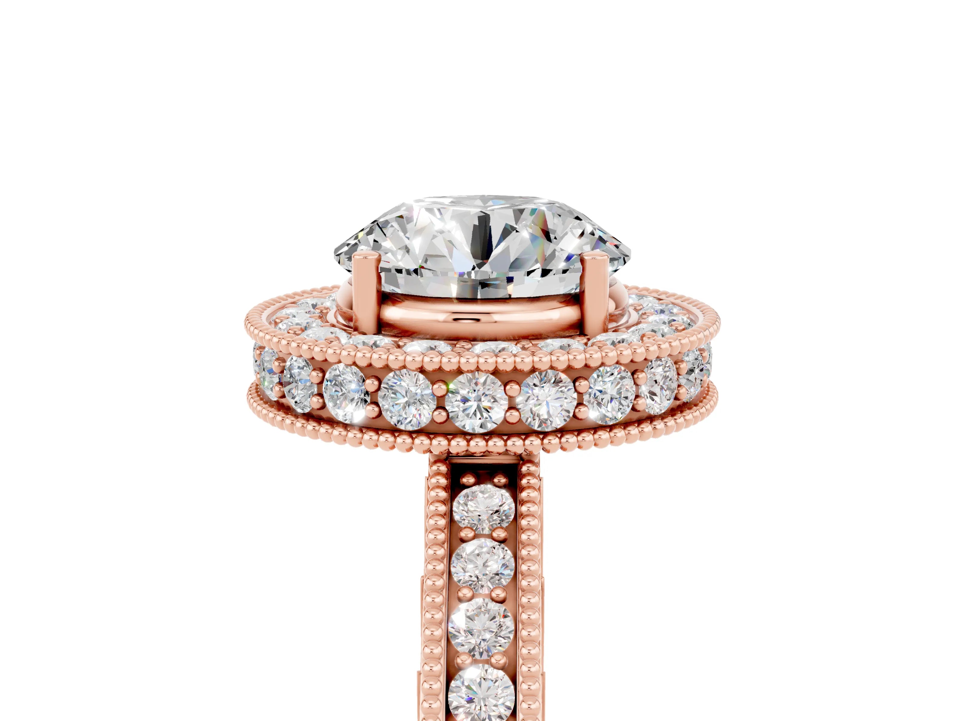 Rose gold Round Cut Halo Diamond Engagement Ring with Milgrain Pave Band and Four-Prong Setting_5