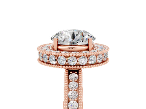 Rose gold Round Cut Halo Diamond Engagement Ring with Milgrain Pave Band and Four-Prong Setting_5