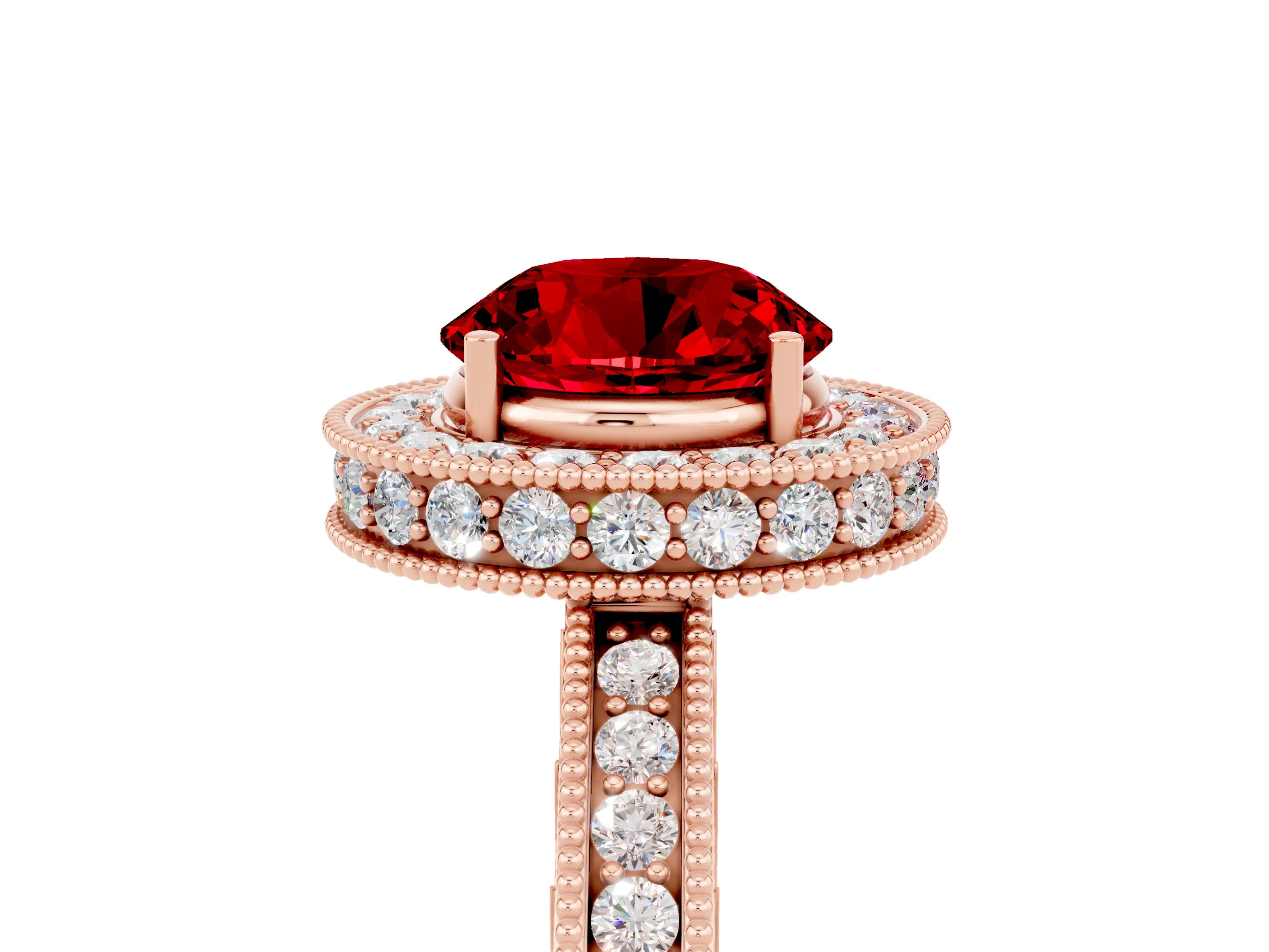 Rose gold Round Cut Halo Diamond Engagement Ring with Milgrain Pave Band and Four-Prong Setting_5
