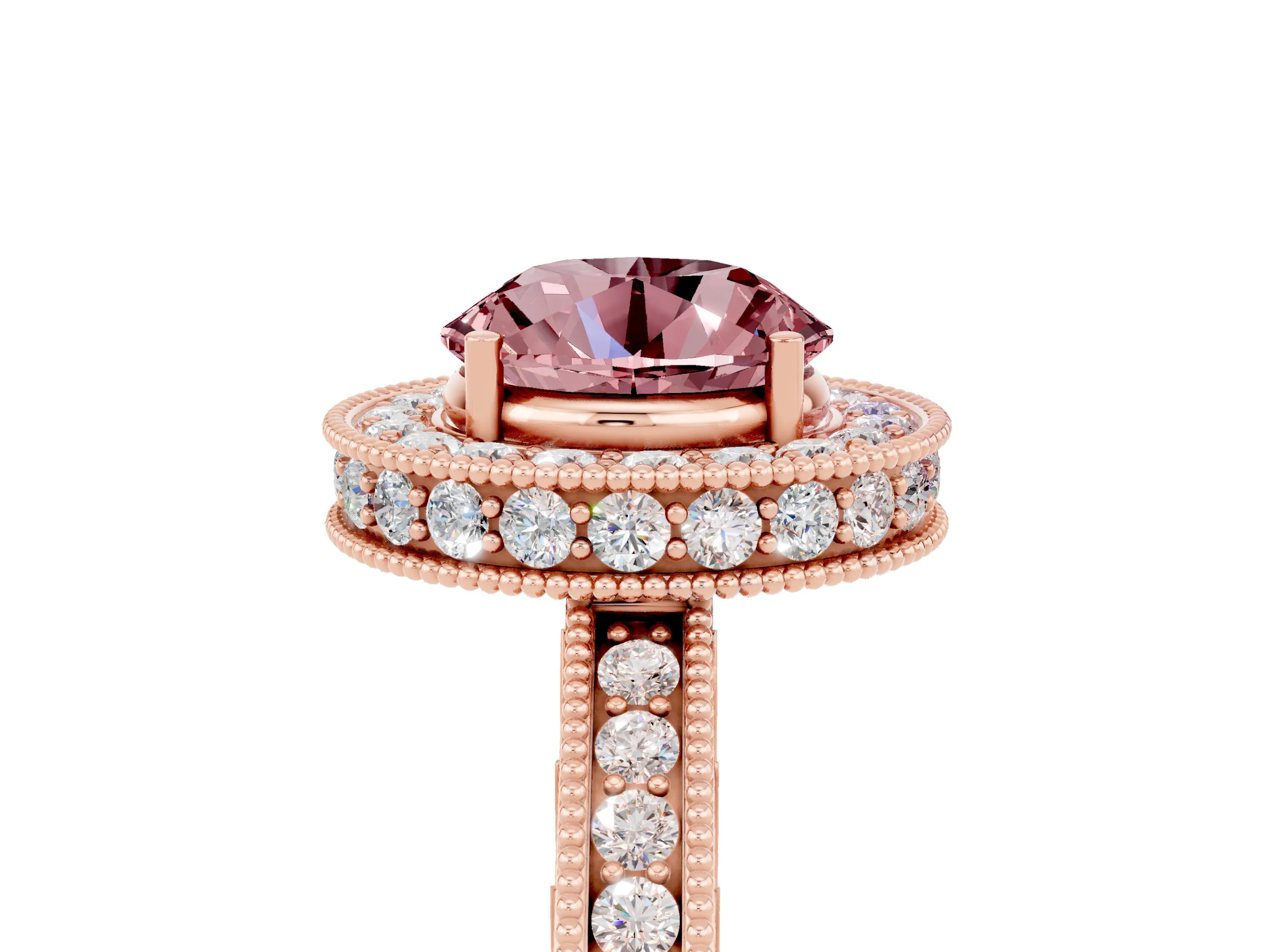 Rose gold Round Cut Halo Diamond Engagement Ring with Milgrain Pave Band and Four-Prong Setting_5