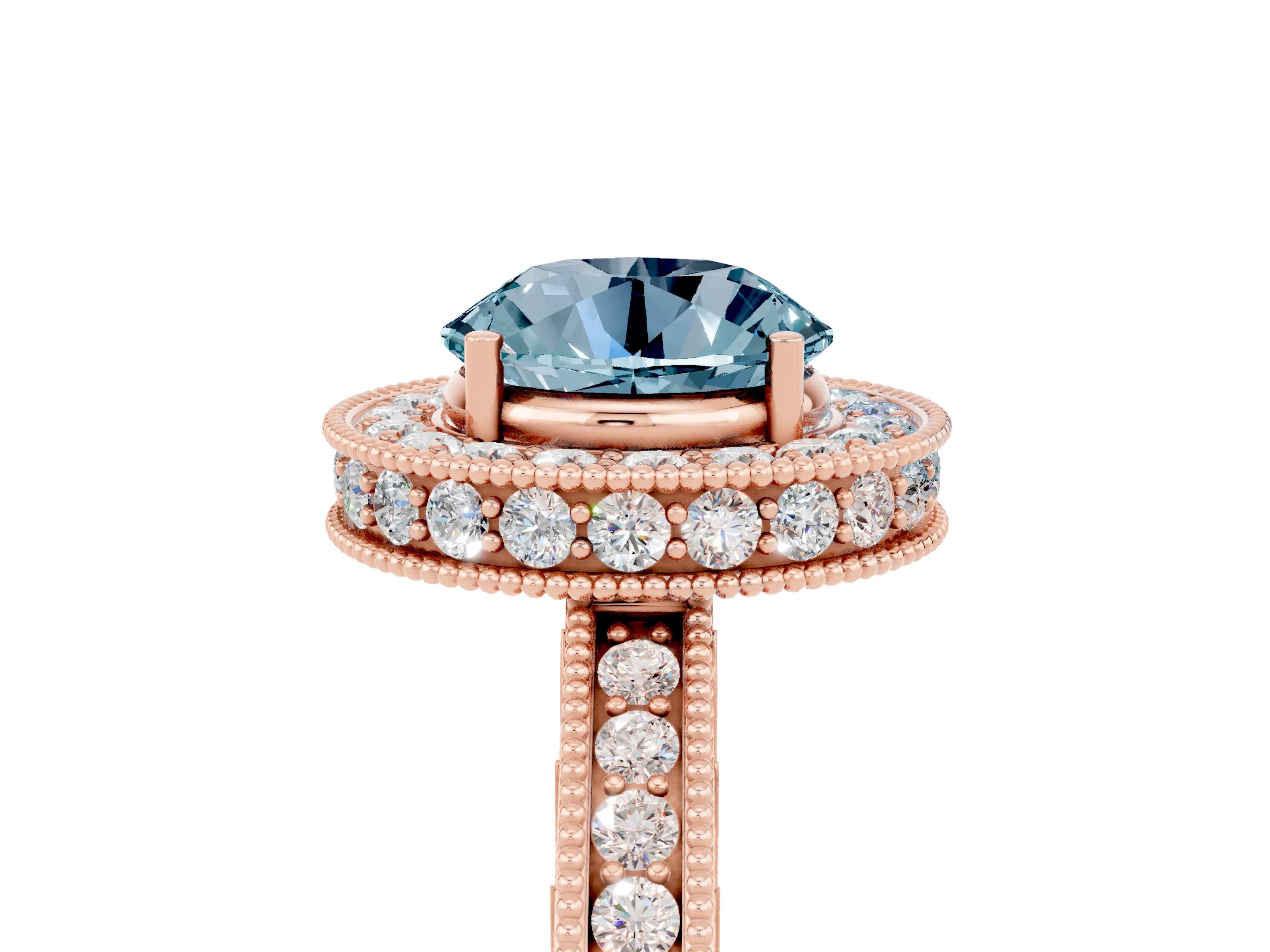 Rose gold Round Cut Halo Diamond Engagement Ring with Milgrain Pave Band and Four-Prong Setting_5