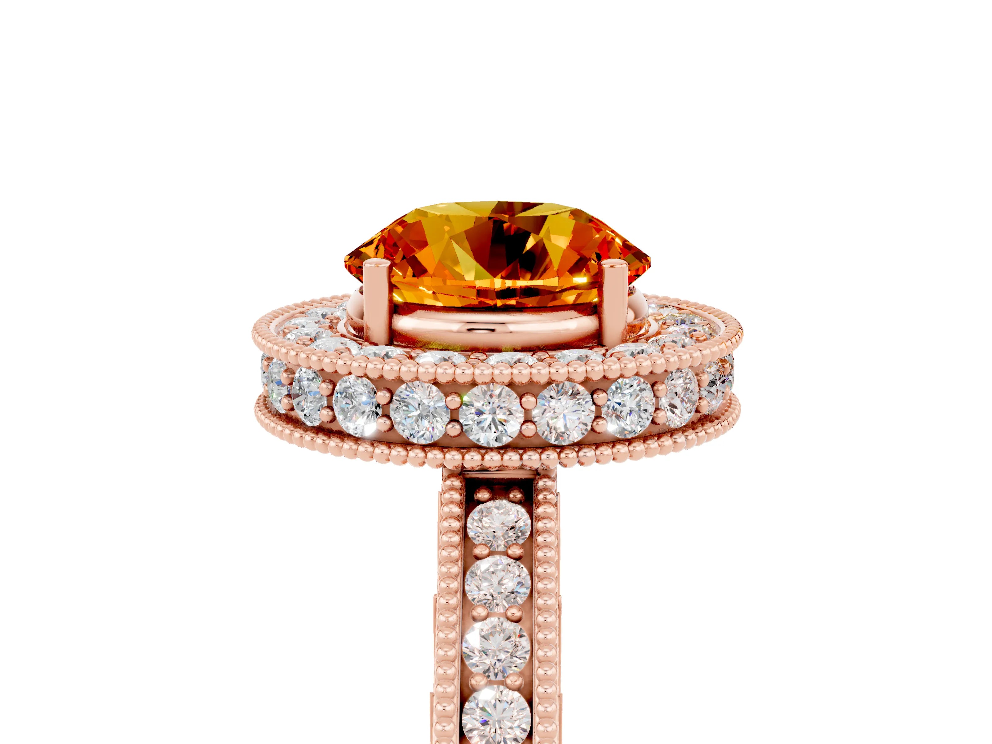 Rose gold Round Cut Halo Diamond Engagement Ring with Milgrain Pave Band and Four-Prong Setting_5