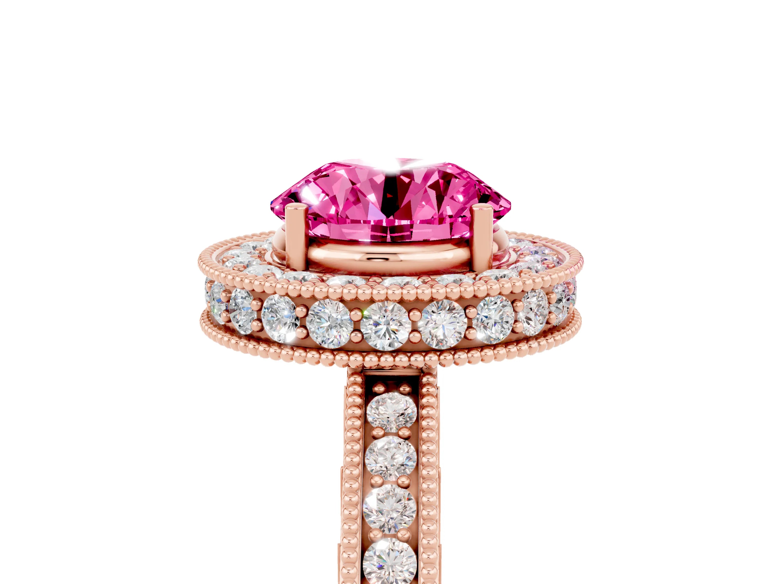 Rose gold Round Cut Halo Diamond Engagement Ring with Milgrain Pave Band and Four-Prong Setting_5