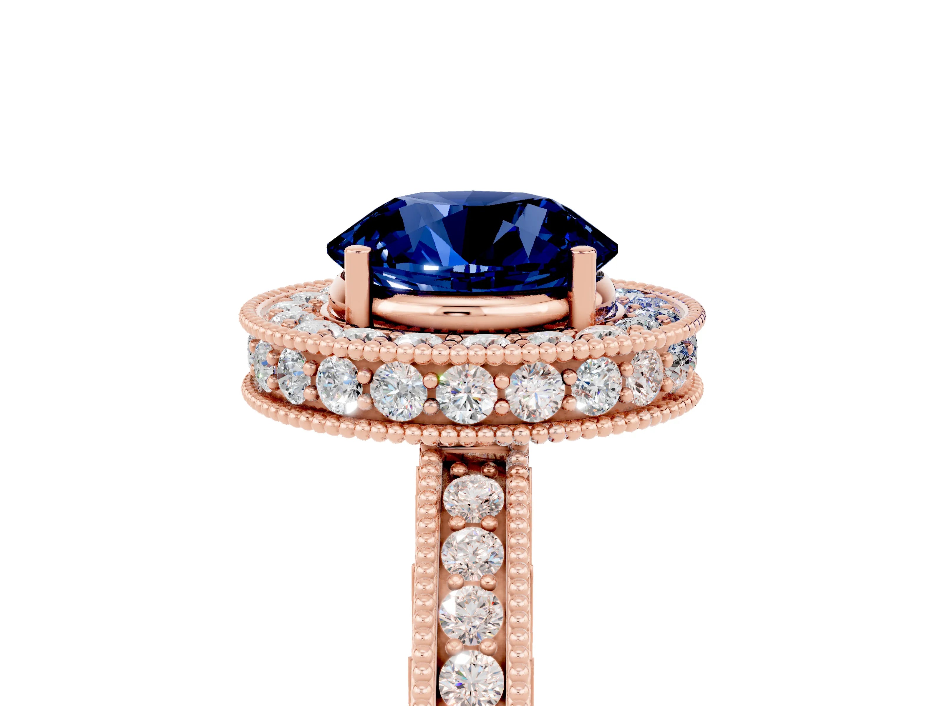 Rose gold Round Cut Halo Diamond Engagement Ring with Milgrain Pave Band and Four-Prong Setting_5