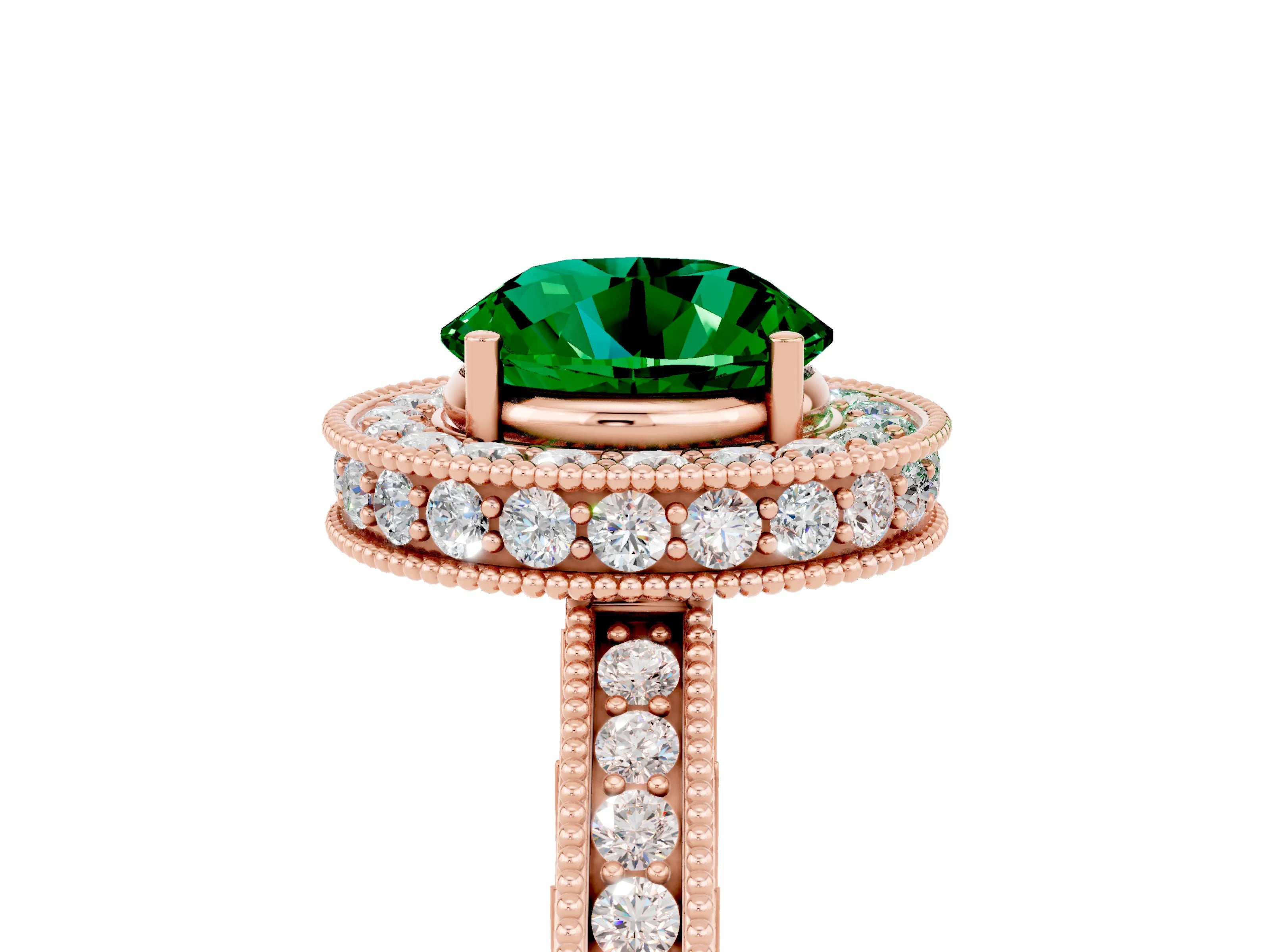 Rose gold Round Cut Halo Diamond Engagement Ring with Milgrain Pave Band and Four-Prong Setting_5