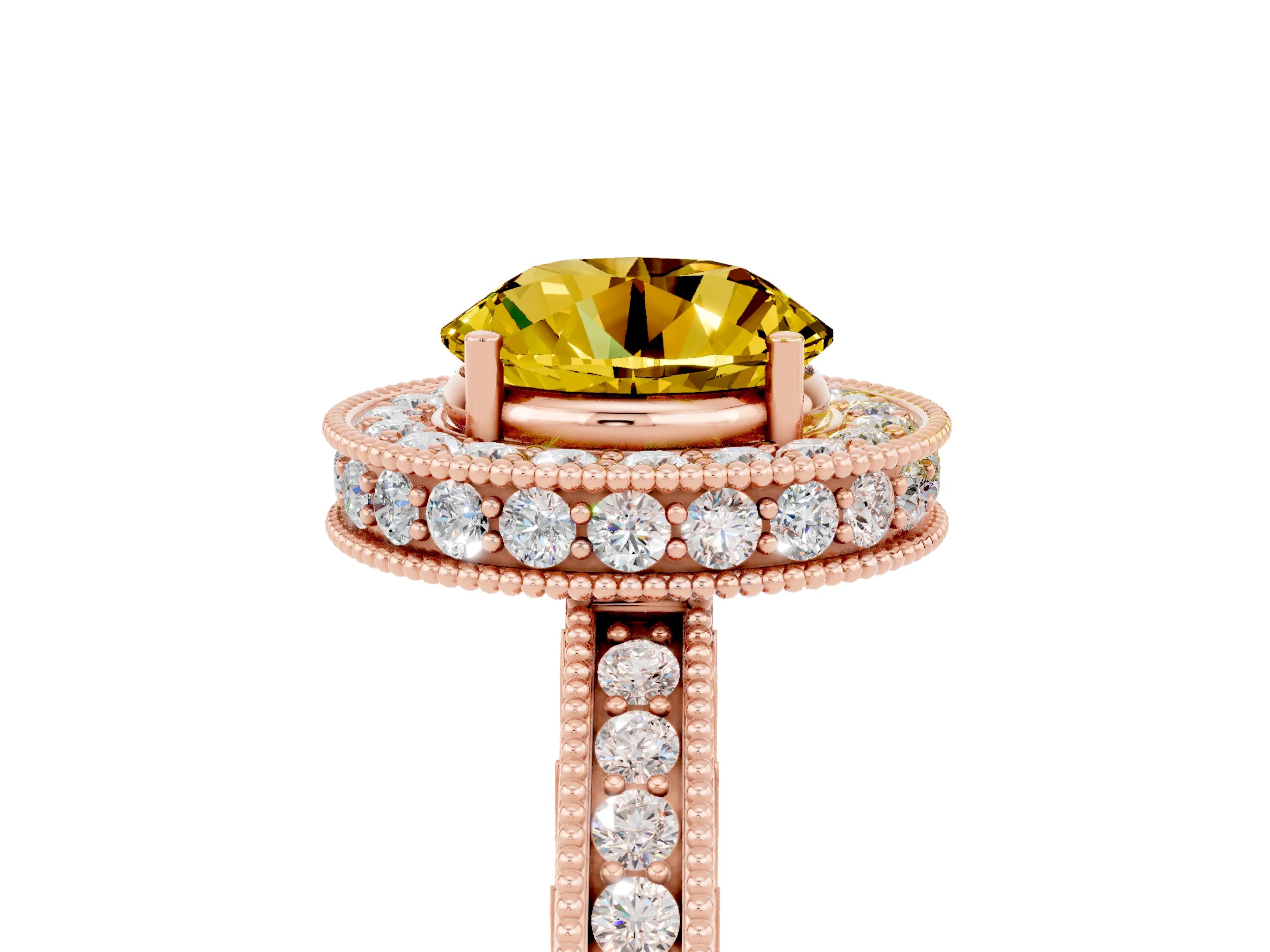 Rose gold Round Cut Halo Diamond Engagement Ring with Milgrain Pave Band and Four-Prong Setting_5
